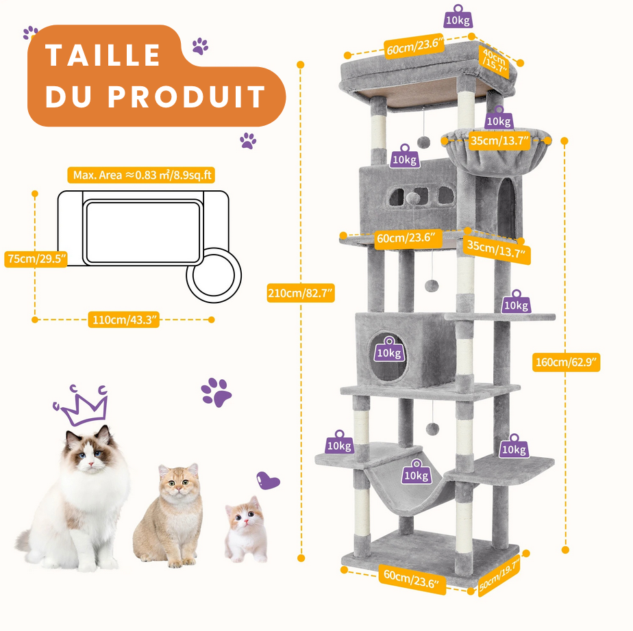Arbre à Chat Géant 210 cm – Tour Multi-Niveaux XXL, Stable & Ultra Confort